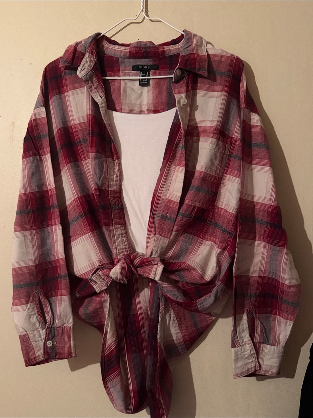 Forever 21 Red, White and Gray Plaid Tie-Front Button-Down Shirt